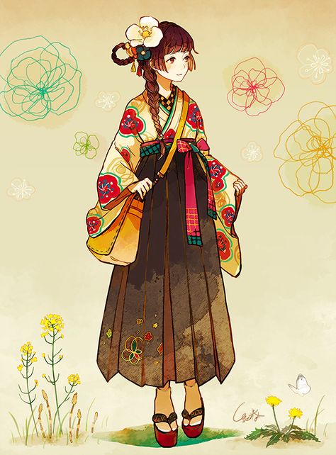 There's a certain period of Japanese clothing style that mixes wafuku with youfuku. In this case, that messenger bag really fits as a great modern addition to an otherwise traditional feeling hakama. #notmyart https://goo.gl/ux6T35 Anime Kimono, Arte Fantasy, Illustration Girl, Japanese Outfits, Girls Illustration, An Anime, Anime Outfits, Kimonos, 그림 그리기