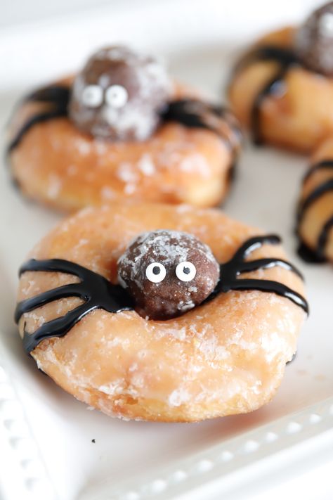 Chocolate Donut Holes, Spider Donuts, Fall Donuts, Black Icing, Spooky Halloween Desserts, Donut Decorating Ideas, Donuts Chocolate, Mini Pumpkin Cheesecake, Halloween Party Appetizers