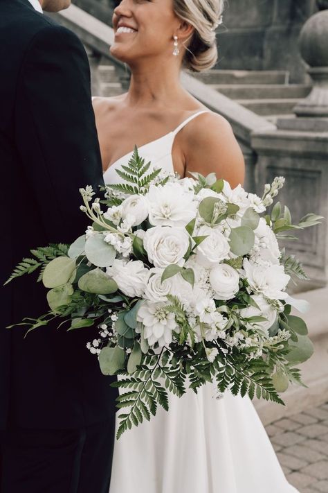 Greenery And White Bridal Bouquet, Mums And Roses Bouquet, Bridal Bouquet Different From Bridesmaids, Wedding Florals Greenery And White, Eucalyptus Bridal Bouquet White Flowers, Off White Wedding Bouquet, Wedding Bouquets Traditional, Wedding Day Flowers Bouquets, Wedding Flower White And Green