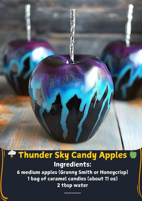 Elsa recipes Candy Apple Pops, Spooky Caramel Apples, Carameled Apples, Colored Candy Apples, Drunken Desserts, Desert Board, Thunder Sky, Apple Pops, Gourmet Candy Apples