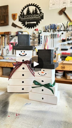 3K views · 841 reactions | Simple, easy, DIY snowmen decorations! This is a great project to clear out some scrap wood.

Cut List:
All material was made using 2x3 lumber and one piece of 1x4.
1 @ 1.75
2 @ 3”
1 @ 4”
1 @ 5”
1 @ 3.75” (the brim of the hat) which is 1x4

Add one inch in length for each layer to make taller snowmen.

#diy #woodshop #maker #christmas #christmasdecor #winter #winterdecor | Scott J Snowman Crafts Diy Wooden Snowmen, Diy Wood Snowman, Snowmen Diy, Snowmen Decorations, Diy Snowmen, Christmas Decor To Make, Christmas Wood Projects, Diy Snowman Decorations, Snowman Crafts Diy