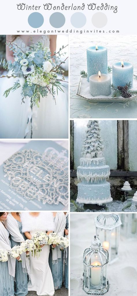 light blue wonderland theme snowy winter wedding color ideas Wedding Winter Makeup, Winter Wonderland Wedding Flowers, Light Blue Silver Wedding, Icy Winter Wedding, Light Blue Winter Wedding, Ice Blue Weddings, Winter Barn Wedding, Winter Wonderland Wedding Theme, Wonderland Wedding Theme