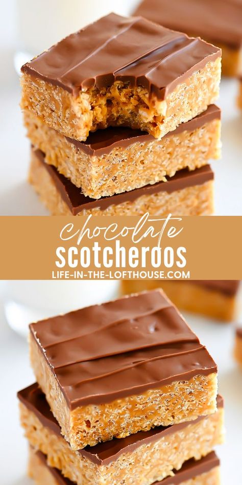 Chocolate Scotcheroo Bars Butterscotch Chocolate Bars, Scotcharoos Recipe Best, Scotcharoos Recipe Without Corn Syrup, Scotcharoos Recipe, Chocolate Scotcheroos, Christmas Chocolate Desserts, Scotcheroos Recipe, Chocolate Bar Recipe, Cereal Snacks