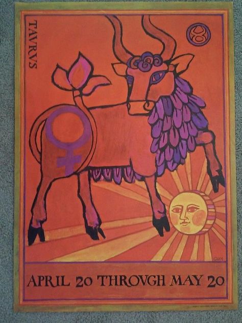 Vintage Old New 70s Stock Print Zodiac TAURUS BULL SUN 20.5X29" OKA USA | #1814728823 Vintage Zodiac, Taurus Design, Taurus Illustration, Taurus Bull Art, Taurus Aesthetic, Vintage Space Poster, Virgo And Sagittarius, Taurus Art, Taurus Bull