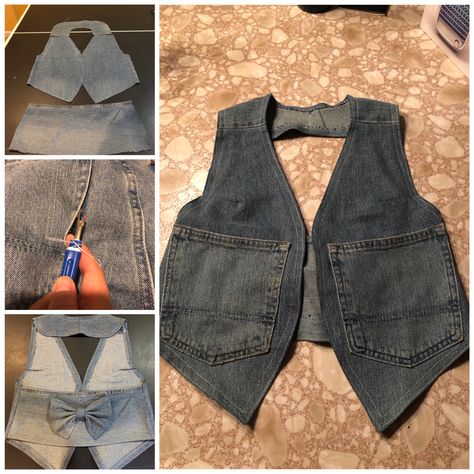 Thrift Flip Jean Jacket, Denim Vest From Old Jeans, Jeans To Vest Diy, Jean Vest Pattern, How To Make A Vest Out Of A Tshirt, Diy Vest From Shirt, Jeans Makeover Diy, Denim Vest Pattern, Denim Vest Diy