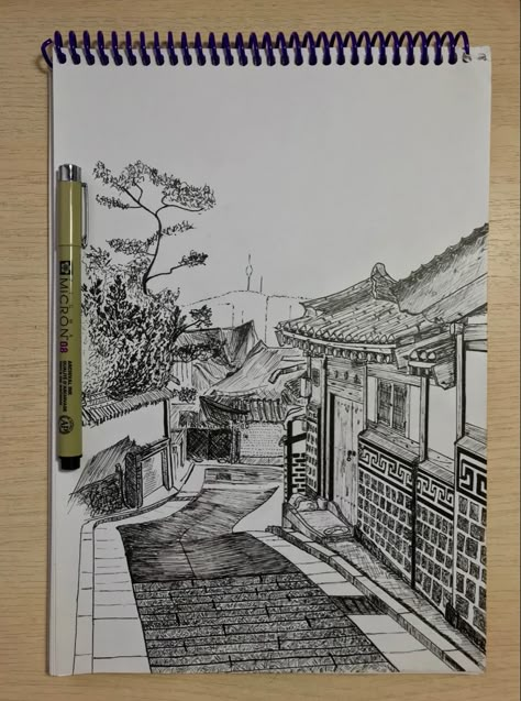 Korea Sketch Drawings, Korean Art Drawing, Seoul Art Drawing, Seoul Drawing City, Korean Building Drawing, Korean Temple Drawing, Korean Street Drawing, Korean Architecture Drawing, Korea Art Draw