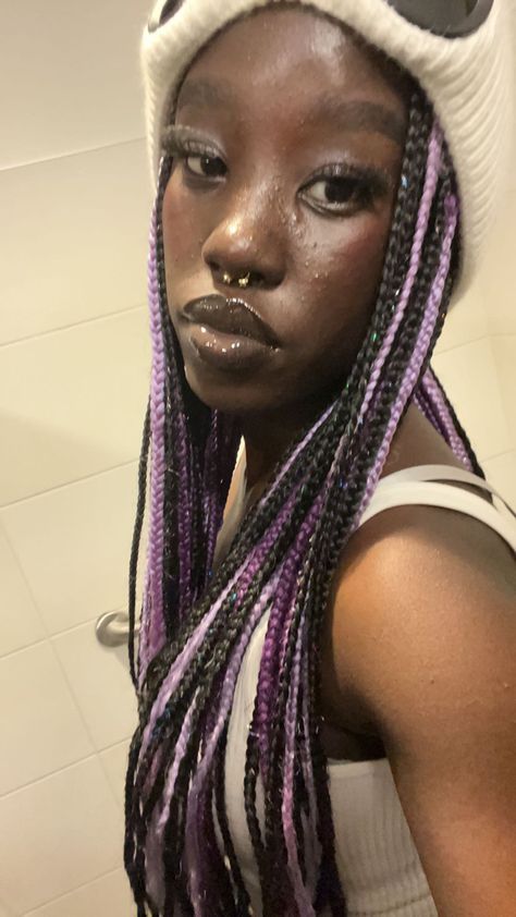 4c Plait Hairstyles, Black And Purple Braids With Curls, Split Dyed Braids, Coloured Cornrows, Brown And Purple Braids, Black And Purple Knotless Braids, Blue And Purple Braids, Purple And Blonde Braids, Purple And Black Box Braids