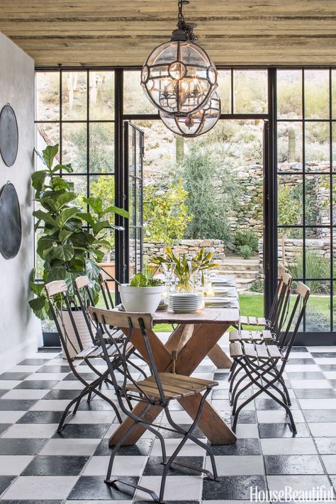 Joanna Gaines Dining Room, Arizona Kitchen, Brick Room, Bold Tile, Checkerboard Floor, Beautiful Flooring, Black White Checkered, Countryside Vacation, Black And White Tiles