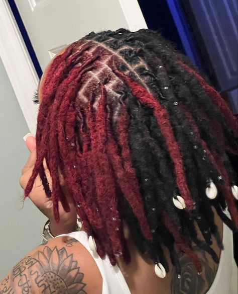 Natural Locs Dyed, Peekaboo Loc Color, Half Red Half Black Locs, Red Locs With Beads, Half And Half Locs Color, Dyed Locs Inspiration, Locs With Peekaboo Color, Locs Hairstyles Colored, Dark Red Locs Black Women