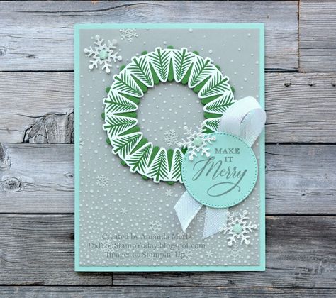 Papercraft Christmas Cards, Create Christmas Cards, Stamped Christmas Cards, Simple Christmas Cards, Handmade Christmas Card, Tree Wreath, Homemade Christmas Cards, Stampin Up Christmas Cards, Christmas Card Crafts