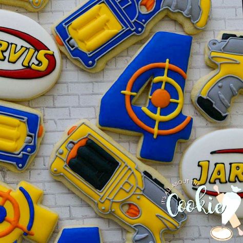 Nerf Cookies Decorated, Nerf Cookies, Cookie Bar Party, Nerf Party Food, Nerf Party Backdrop, Nerf Themed Birthday Party Games, Nerf Themed Birthday Shirts, Nerf Cake, Nerf Birthday Party