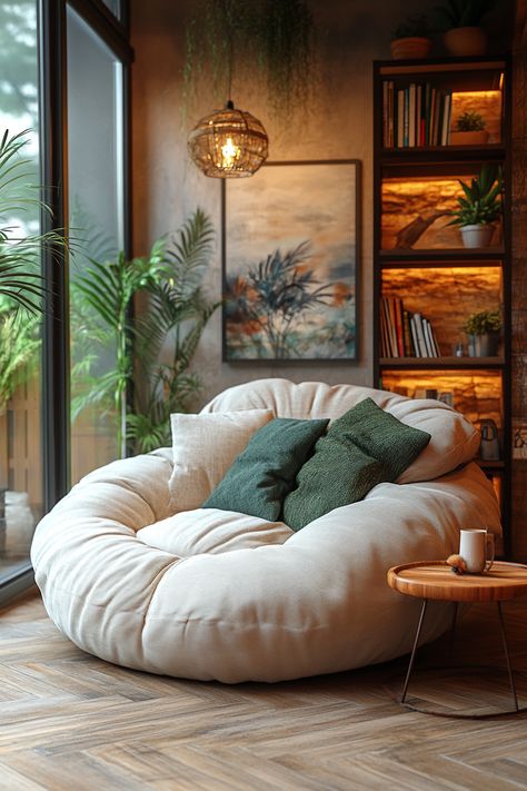 interior design Cozy Papasan Chair, Reading Nook Bean Bag, Cozy Bean Bag Corner, Bean Bag Living Room Decor, Reading Nook Ideas For Small Spaces, Living Room Reading Nook Ideas, Bean Bag Chair Aesthetic, Cozy Chill Room, Reading Nook Ideas For Adults Cozy Corner