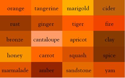 Color Thesaurus, Color Meanings, Color Palate, Color Palette Design, Marmalade, Shades Of Orange, Color Theory, Color Card, Color Shades