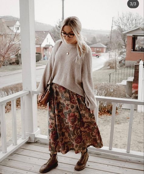 Boho Long Skirt Outfit Winter, Boho Academia Fashion, Floral Dress And Sweater Outfit, Fall Outfits Romantic, Boho Outfits Aesthetic Winter, Fall Wedding Guest Dress Casual Outdoor, Boho Winter Fashion 2023, Boho Style Midsize, Earthy Autumn Outfits