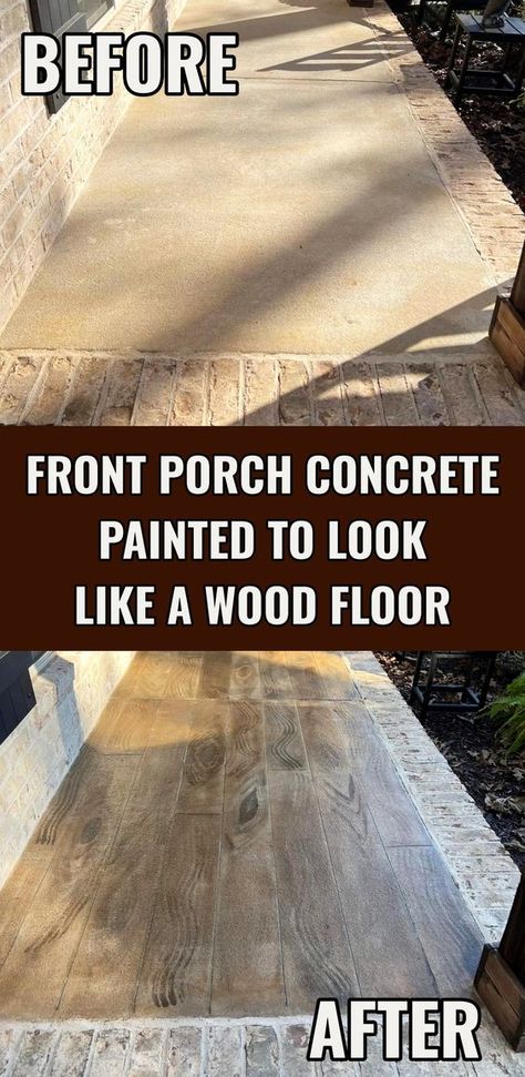 Ugly Front Porch Concrete Painted To Look Like Wood Floor before and After - DIY home improvement projects Cement Front Porch, Stained Concrete Porch, Painted Cement Patio, Painted Cement Floors, Concrete Floors Diy, Painted Porch Floors, Concrete Front Porch, Concrete Stain Patio, Paint Concrete Patio