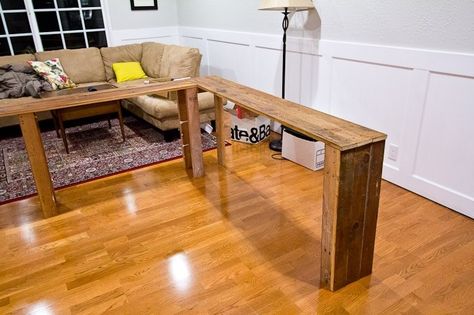 What about a U-shaped sofa table to wrap around couch? Corner Sofa Table, Behind Sofa Table, Rustic Sofa Tables, Sofa Table Decor, Table Behind Couch, Diy Pallet Sofa, Diy Console Table, Rustic Sofa, Behind Couch