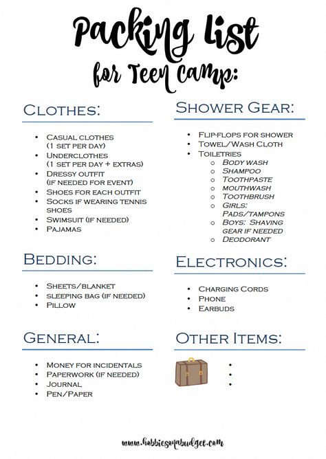 Packing List for Teen Summer Camp #campinglist Camping Trip Packing List, Summer Camp Packing List, Summer Camp Packing, Camp Packing List, Camp Packing, Summer Camping Outfits, Outdoor Pics, Camping With Teens, Camping Essentials List