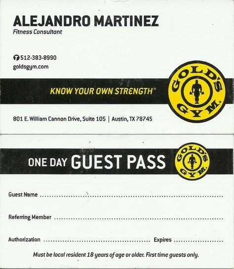 Alejandro Martinez - Gold's Gym Business Card - example - graphic design - layout - One Day guest pass - gold's gym Pass Card Design, Gym Business Card, Gym Pass, Gym Business, Examples Of Business Cards, Gold's Gym, Golds Gym, Graphic Design Layouts, Design Layout