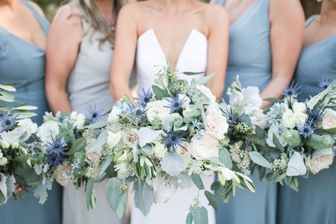 Blue White Ivory Wedding Colors, Bridesmaids Dresses, Organic Bridal Bouquet White Blue Greenery, Modern wedding dress, Wedding dress with deep v cut, wedding flowers, wedding florals, wedding party, garden wedding, outdoor ceremony and reception, Moss mountain farm wedding Flowers For Dusty Blue Wedding, Dusty Blue Wedding Bouquet Bridesmaids, Dusty Blue And Sage Flowers, Dusty Blue And Sage Bouquet, Sage Green And Dusty Blue Bouquet, Dusty Blue Bridesmaids Bouquets, Sage Green And Dusty Blue Wedding Bouquet, Dusty Blue Mountain Wedding, Dusty Blue And Sage Green Wedding Flowers