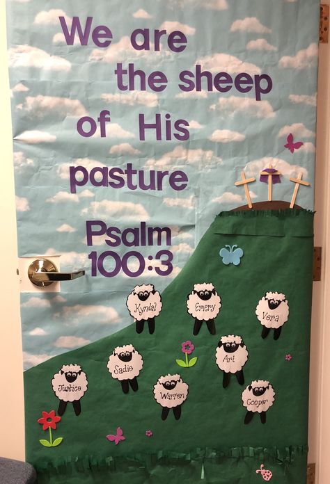 Sheep Classroom Decor, Bible School Door Decorations, Bible School Classroom Decor, Sheep Bulletin Board, Sabbath School Classroom Ideas, Bible Class Attendance Bulletin Board, Sunday Classroom Decor, Preschool Farm Bulletin Board Ideas, The Lord Is My Shepherd Bulletin Board