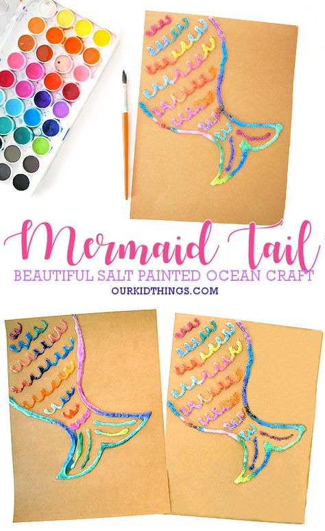 Salt Paint Mermaid Tail Mermaid Art For Preschool, Mermaid Crafts For Toddlers, Mermaid Art And Craft, Mermaid Theme Preschool, Preschool Mermaid Craft, Mermaid Tail Craft Preschool, Mermaid Crafts Preschool, Mermaid Tails Craft, Easy Mermaid Craft