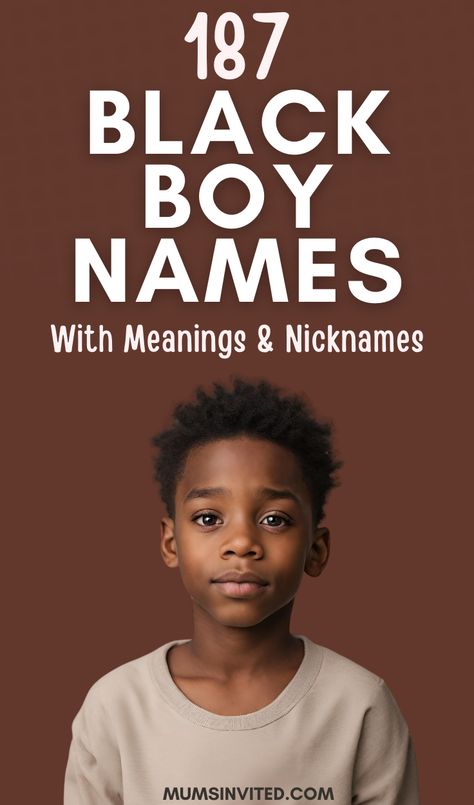 Choose a cute yet strong Black boy name for your little man from this list of rare, uncommon, & totally cool Black baby boy names specially curated for the African American. Blending biblical, cultural, & contemporary influences, these badass Black boy name ideas go beyond familiar black boy names to give your child a unique identity. Find the perfect rare Black boy name and its powerful meaning! African Boy Names, Black Baby Boy Names, Color Names Baby, African American Names, American Boy Names, Boys Names Rare, Baby Boy Middle Names, Boy Name Ideas, Black Boy Names