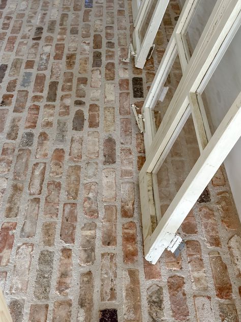 White Cottage Farm Kitchen Reno - Brick Laying Update 11 Brick Paver Tile Floor, Brick Tile Pattern, Reclaimed Brick Floor, Brick Pavers Kitchen, Lake Mudroom, Stove Cove, Brick Floor Bathroom, Brick Entryway, Brick Tiles Kitchen