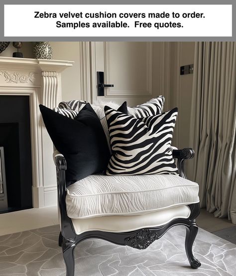 Made to order zebra Velvet fur cushion covers. Many sizes possible. Free quotations. We can be found on Etsy, Pinterest, eBay, Facebook, Instagram, and TikTok. #zebra #cushions #bespoke #interiordecor https://curtainconnoisseur.etsy.com/uk/listing/1747469324/zebra-velvet-fur-zipped-cushion-cover Zebra Print Sofa Living Room, Zebra Sofa, Zebra Cushion, Zebra Living Room, Statement Cushions, Striped Furniture, Luxury Bedspreads, African Interior Design, Statement Sofa