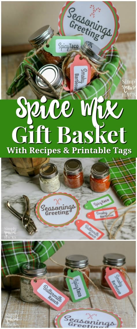 You can use homemade spice mixes for gifts by placing the spice mix in mason jars and add our free printable gift tags. Then add the spice jars to a basket. Includes 3 spice mix recipes. Mixes For Gifts, Spice Mix Gift, Spice Gift Basket, Homemade Spice Mixes, Diy Spice Mix, Taco Spice, New Year's Desserts, Homemade Spice Mix, Spice Mix Recipes