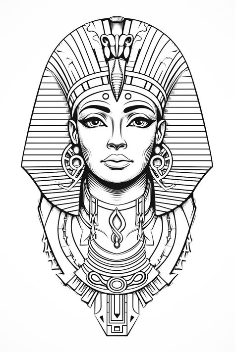 Еnigmatic world of ancient Egypt through a vintage portrayal of a woman donning traditional Egyptian attire, immortalized in a captivating black and white tattoo. #Egyptian #Vintage #Tattoo #Elegance #BlackAndWhite #AncientEgypt #Art #Culture Ancient Egypt Black And White, Egyptian Line Tattoo, Pharoah Tattoo Women, Egyptian Ornamental Tattoo, Ancient Egyptian Tattoo Design, Egyptian Queen Tattoo Goddesses, Nefertiti Tattoo Design Egyptian Goddess, Ancient Egyptian Art Drawing, Egyptian Women Tattoo