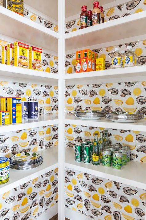 White kitchen pantry shelves are fixed to walls covered in Katie Kime The World is Your Oyster Wallpaper. Katie Kime Wallpaper, Pantry Wallpaper, White Kitchen Pantry, House Pantry, Kate Marker Interiors, Katie Kime, The World Is Your Oyster, World Is Your Oyster, Pantry Shelves