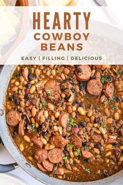 Cowboy beans are baked beans you can make a meal out of! With Polish sausage, ground beef, and bacon, along with 4 different types of beans, there’s plenty of protein in this easy home-style recipe. Best Cowboy Beans, Cowboy Beans Recipe, Ground Beef And Bacon, Beans Recipe Crockpot, Cowboy Baked Beans, Cowboy Beans, Bean Chili Recipe, Polish Sausage, Baked Bean Recipes