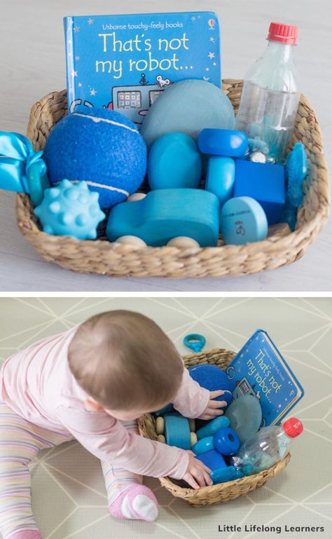 Baby Play Ideas at 6 Months - Little Lifelong Learners Provocations Reggio Infants, Sensory Basket Ideas, Babies Activities Childcare, Baby Activity Ideas, Heuristic Play Ideas, Baby Treasure Basket, Baby Play Ideas, Baby Room Activities, Sensory Basket