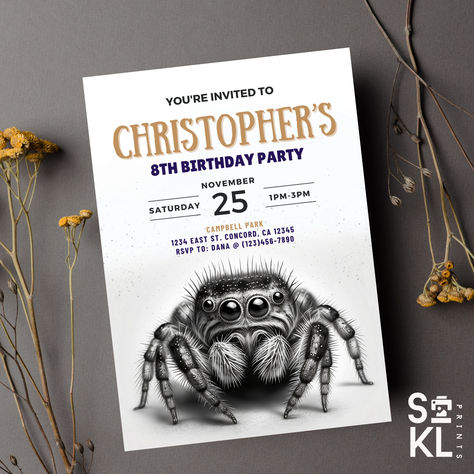 Editable - JUMPING SPIDER Theme Birthday Party Invitation Template, Personalized Invitation, Instant Download, Printable, 5in x 7in Spider Theme, Jumping Spider, Birthday Party Invitation Templates, Theme Birthday Party, Birthday Template, Personalized Invitations, Printed Invitations, Party Invite Template, Birthday Party Invitation