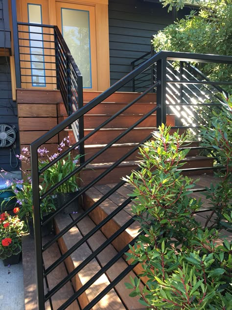 Gallery - Blackbird Iron & Design - Seattle, WA Front Railing Ideas, Metal Railing Front Porch, Outdoor Step Railing Ideas, Exterior Metal Railing, Black Front Porch Railing, Exterior Stair Railing Ideas, Entry Stairs Exterior, Wood Front Steps, Beach Deck Ideas