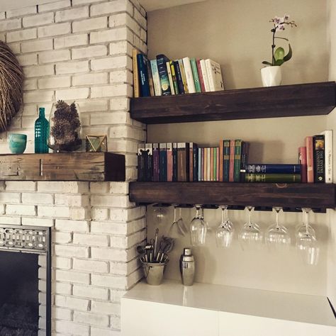 Bar With Floating Shelves, Shelf Bar, Wine Glass Shelf, Wood Floating Shelf, Reclaimed Wood Floating Shelves, Shelves Floating, Floating Shelves Kitchen, Bar Shelves, Shelves Kitchen