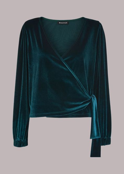 Green Velvet V Neck Wrap Top | WHISTLES | Whistles Stretch Velvet Top, Velvet Dress Designs, Hell's Kitchen, Stretch Velvet, Neck Wrap, Velvet Tops, Beautiful Blouses, Puffed Sleeves, Jersey Top