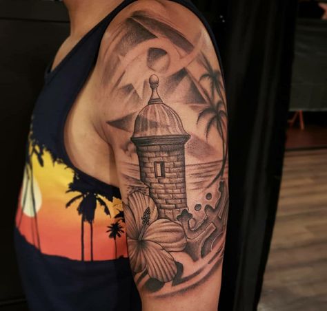 Puerto Rico Palm Tree Tattoo, Pr Tattoo, Puerto Rico Tattoo Design, Puerto Rico Taino Tattoo, Puerto Rico Island Tattoo, El Morro Tattoo, El Morro Tattoo Puerto Rico, Puerto Rico Inspired Tattoos, Boricua Tattoos For Women