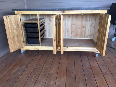 Grill Cart Ideas, Grill Storage Cabinet, Outdoor Food Prep Table, Grill Prep Station Outdoor Diy, Bbq Work Station, Grill Cabinet Outdoor Diy, Outdoor Kitchen Accessories, Grill Storage Ideas, Diy Outdoor Grill Station