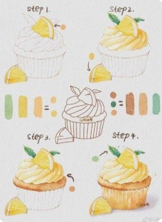 Food Illustrations Tutorial, Food Painting Tutorial, Step By Step Colored Pencil Drawing, Watercolor Food Tutorials, Watercolor Food Illustration Tutorial, Watercolor Paintings Food, Watercolor Food Paintings, Watercolour Dessert, Food Illustration Tutorial