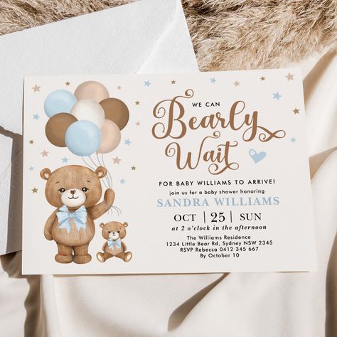 Green Teddy Bear, Teddy Bear Baby Shower Invitations, Bear Baby Shower Theme, Boy Shower Invitations, We Can Bearly Wait, Bear Invitations, Teddy Bear Design, Bearly Wait, Baby Shower Invitaciones