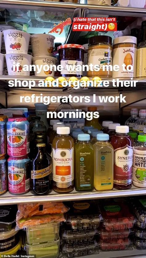 Organised Fridge, Inside Fridge, Supermodel Diet, Healthy Fridge, Hadid Instagram, Drink Fridge, Victoria Secret Show, Low Calorie Snacks, Fridge Organization