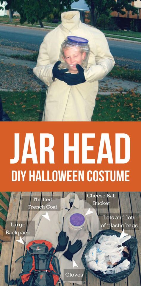 DIY Costume - make a jar head Halloween costume! via www.thirtyhandmadedays.com Boys Halloween Costumes Diy, Halloween City, Diy Halloween Games, Diy Kostüm, Diy Halloween Costumes Easy, Diy Halloween Projects, Homemade Costumes, Diy Costume, Boy Halloween Costumes