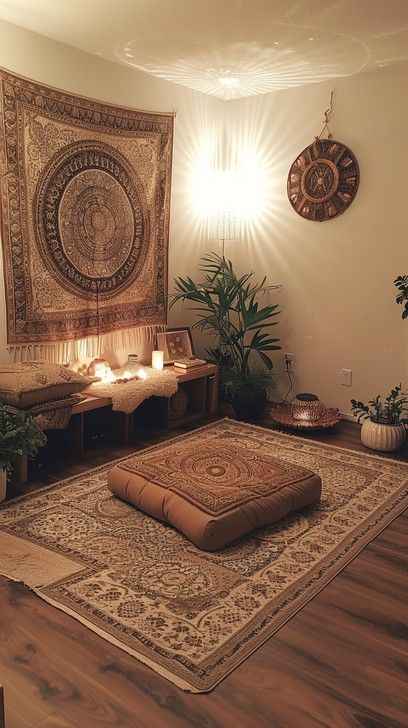 Meditation Room Rug, Spa Corner At Home, Meditation Set Up, Healing Room Ideas Meditation Space, Yoga Room Design At Home, Meditation Corner Diy Small Spaces, Yoga Bedroom Ideas, Cozy Meditation Room, Meditation Altar Ideas