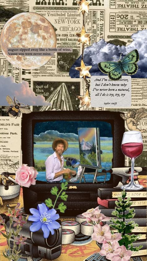 bob #ross #bobross #art #lofi #cute #vibes #aesthetic Bob Ross Wallpaper, Cute Vibes Aesthetic, Aesthetic Shuffles, Bob Ross, Wallpaper Aesthetic, Aesthetic Photo, Cute Wallpapers, Aesthetic Wallpapers, Wine Bottle