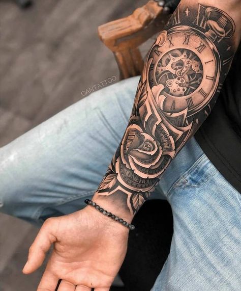 Voll Arm-tattoos, Clock Tattoo Sleeve, Gear Tattoo, Half Sleeve Tattoos Forearm, Tattoos Nature, Money Tattoo, Men Tattoos Arm Sleeve, Forarm Tattoos, Cool Arm Tattoos