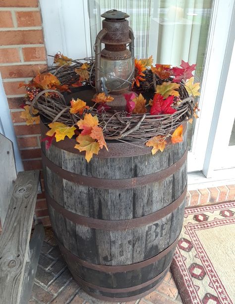 Outdoor Fall Decor Whiskey Barrel, Wine Barrel Decorations, Decorating With Whiskey Barrels Outside, Wine Barrel Porch Decor, Fall Whiskey Barrel Ideas, Fall Milk Can Ideas Front Porches, Western Front Porch Decor, Wood Barrel Ideas, Whiskey Barrel Ideas