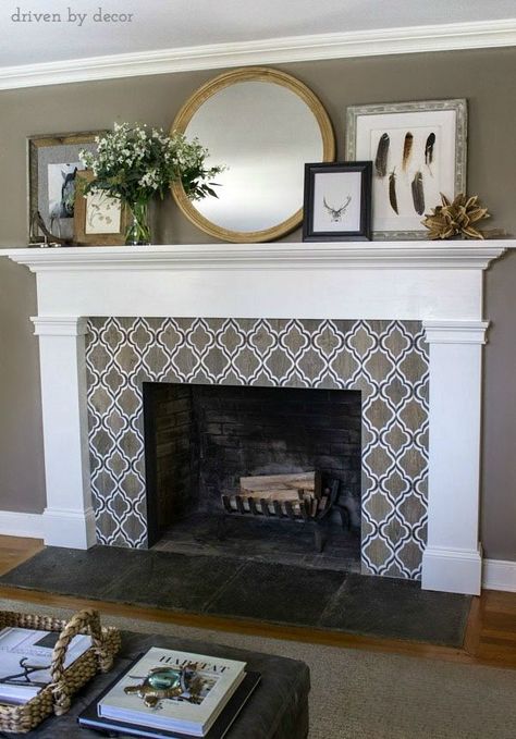 Fabulous neutral geometric tile | simple mantle design | round mirror | layered art Rounded Fireplace, Artwork Fireplace, Farmhouse Fireplace Mantel Decor, Condo Fireplace, Mirror Mantle, Simple Mantle, Modern Mantle, Hearth Ideas, Layered Artwork