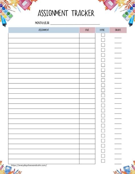 Free Printable Assignment Trackers For Students Assignment Checklist, College Printables, Printable Organization, Assignment Tracker, Organization Printables, School Organization, Study Tips, Free Printable, Free Printables