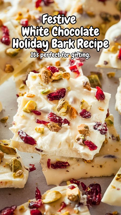 Indulge in festive white chocolate holiday bark, featuring vibrant cranberries and crunchy pistachios. This delicious chocolate bark recipe is a must-have among Christmas bark recipes, perfect for gifting or enjoying as a delightful holiday treats recipe. Sweet, crunchy perfection awaits! White Chocolate Bark Christmas, Vanilla Bark Recipes, Pecan Bark Recipe, Cranberry Pistachio Bark, White Chocolate Bark Recipes, Pistachio Bark, Bark Recipes Easy, Almond Bark Recipes, Chocolate Bark Christmas